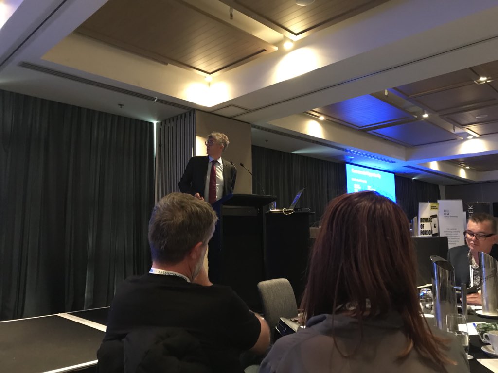 MedtechNZ's tweet photo. How exciting! The Healthtech Award for Best Start Up Opportunity has started with Custos Aware kicking off. #htwnz18 #iiw2018 @callaghannz @MedtecheventsNZ......and @VentoSteve is doing a good job as MC https://t.co/3VLSxksOw6