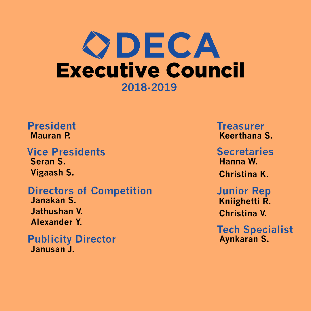 DECASJPII's tweet photo. Meet the new members of the 2018-2019 DECA Executive Council! Thank you to all those who came out and applied. #deca #business #businesscouncil #decaontario https://t.co/aZcH9J361N