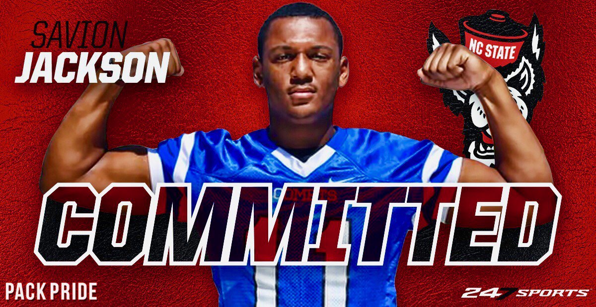 PackPride's tweet photo. BREAKING: Savion Jackson @savionjac11 , the No. 29 overall prospect in the 2019 class, has committed to #NCState. The 4-star DE is the 11th commit for #Pack19 📝 https://t.co/TcNqN8gZv0 @RCorySmith @abbylabar_ @MichaelClarkPP https://t.co/gAmp0DwVnE