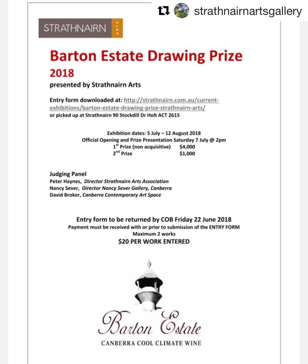 Don’t miss out on getting your entry form in for this fantastic <a href="/Bartonestate/">Barton Estate</a> #drawingprize. 1st prize is $4000 2nd $1000. All works will be shown in the beautiful Woolshed Gallery at@strathnairn. Entries closing 22June!!!! #cbr #callforartists #drawing #anuschoolofartanddesign