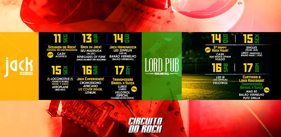 circuitodorock_'s tweet photo. Se liga na programação da semana! Tem muita coisa boa rolando no Jack e no Lord! Não fique de fora https://t.co/sSkzj5L1kl 😉 #Programação #LordPub #JackRockBar #circuitodorockBH #LetsRock https://t.co/42AN6aPqJe