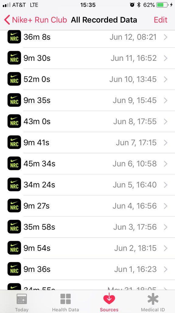 sailorjonpnw's tweet photo. @NikeSupport Having issues with NRC iOS app/Apple watch app are not showing all my runs from June and May. If I go look at health app I sss them all listed in the data. See pictures for the proof https://t.co/IpvQoeyU3D