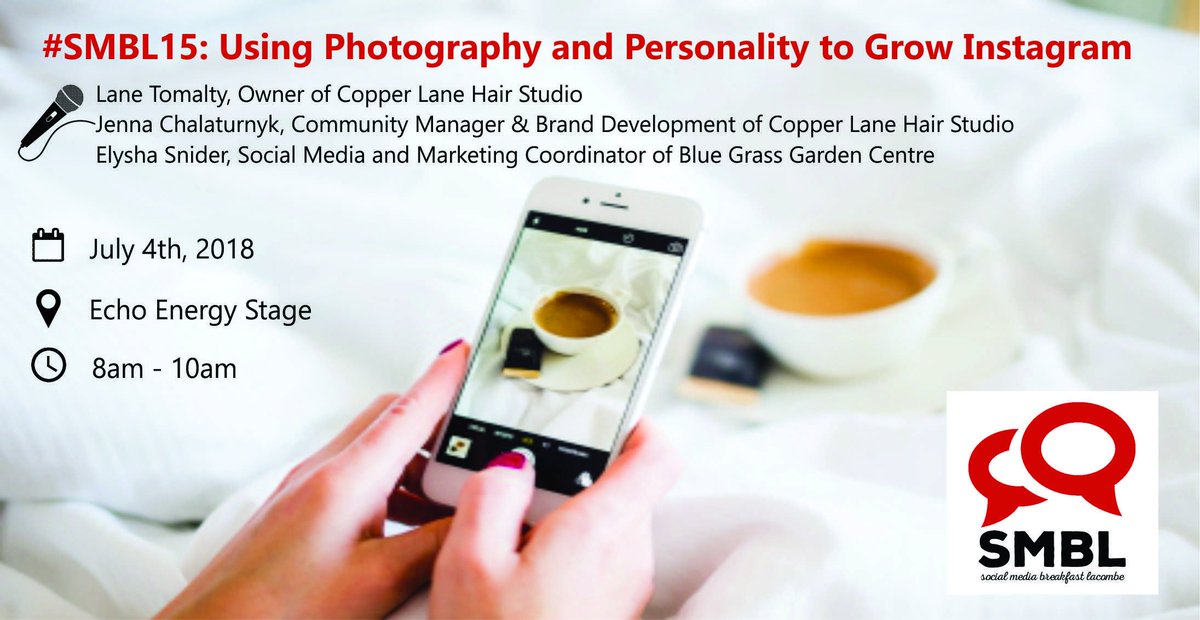 SMBLacombe's tweet photo. Mark those calendars PEEPS! #SMBL15 is up on July 4th @EchoEnergy14 Stage! Lane and Jenna from @copper_lane join Elysha from @bluegrassRD to speak on how to Grow your Instagram audience &amp; how to add personality to your photography! Breakfast is courtesy of @atbfinancial #lacombe https://t.co/9nP6XhxWzO