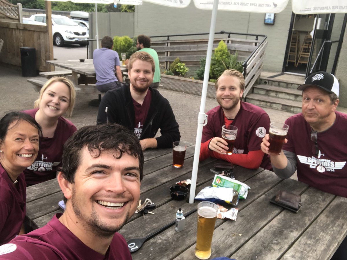 Spitfires_SSL's tweet photo. Supermarines celebrate down the pub after getting their first win of the season! 8-7 win over the Mustangs. Great team effort! #beersonourwings https://t.co/Gsk4LoAOoG
