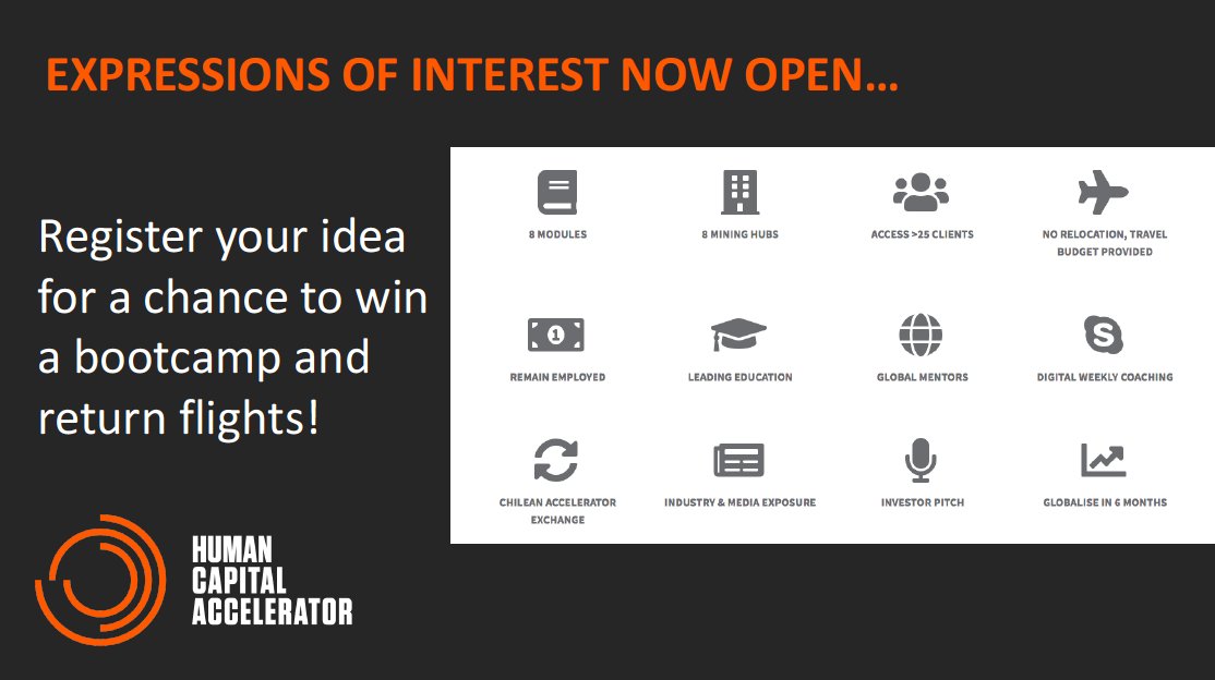 Calling all startups, scale-ups and aspiring entrepreneurs - Register your idea with our Accelerator by 22nd June 2018 to be eligible to win!
miningleadersgroup.squarespace.com/human-capital-… #miningaccelerator #innovation #accelerator #entrepreneurs