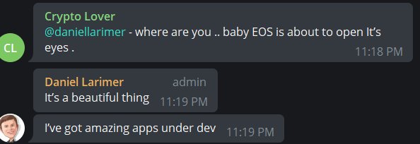 EOSTampaBay's tweet image. Dan Larimer with a teaser: &quot;I&apos;ve got amazing apps under dev&quot;  #EOS #EOSIO #EOSDapps #DanLarimer @bytemaster7