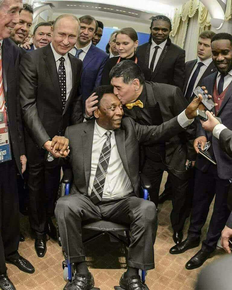 The man with 1283 goals &amp; 3 world cups now needs a wheel chair to get around. 
Pele being welcomed by Russian President Putin to the World cup &amp; kissed by the legendary Maradonna!!
This is the wheel of life.
Love Live &amp; Forgive!!
#WorldCupRussia2018