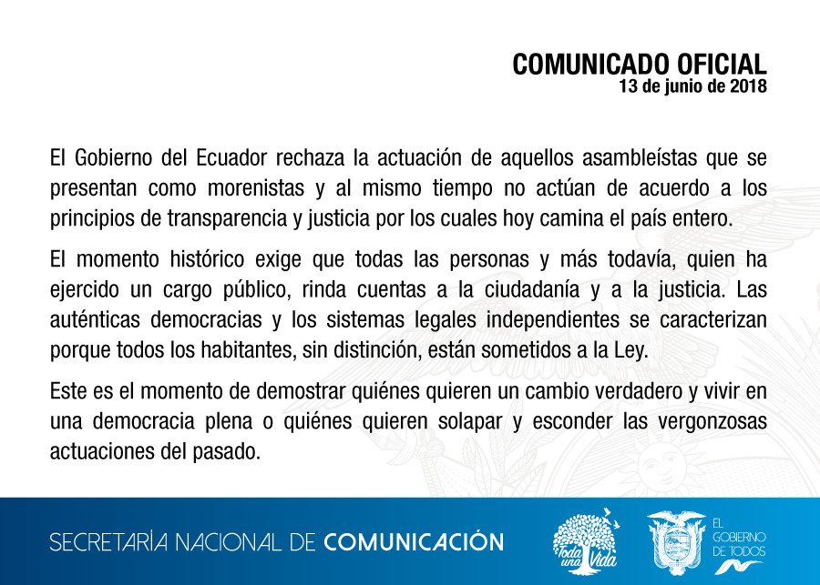 ComunicacionEc's tweet photo. COMUNICADO OFICIAL | Sobre actuación de asambleístas que no actúan de acuerdo a los principios de transparencia y justicia del Gobierno Nacional. https://t.co/bSbySSczkt
