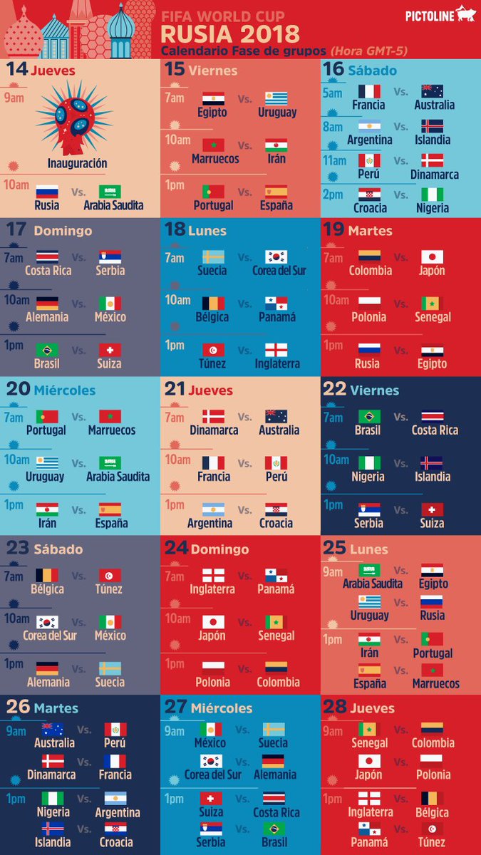 pictoline's tweet photo. ¿Listos para el Mundial?

Si andan perdidos con tantos partidos de #Rusia2018, va un calendario con todos los horarios de la Fase de Grupos (tiempo de México) diseñado para tu celular (y pasar por Whatsapp) 🏆⚽️🙌 https://t.co/nHdMYHWL2v