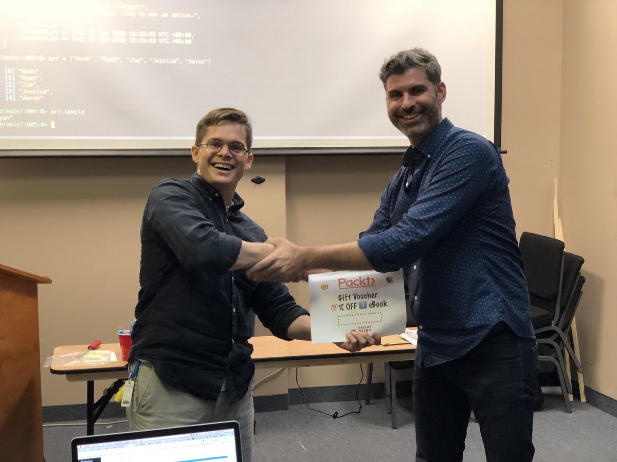 dallasruby's tweet photo. Another #rubylang Continuations meeting in the books; speaking of— it’s ☔️ @PacktPub 📚  https://t.co/XzPoSxH5t8 https://t.co/Yy6yjcTuP6