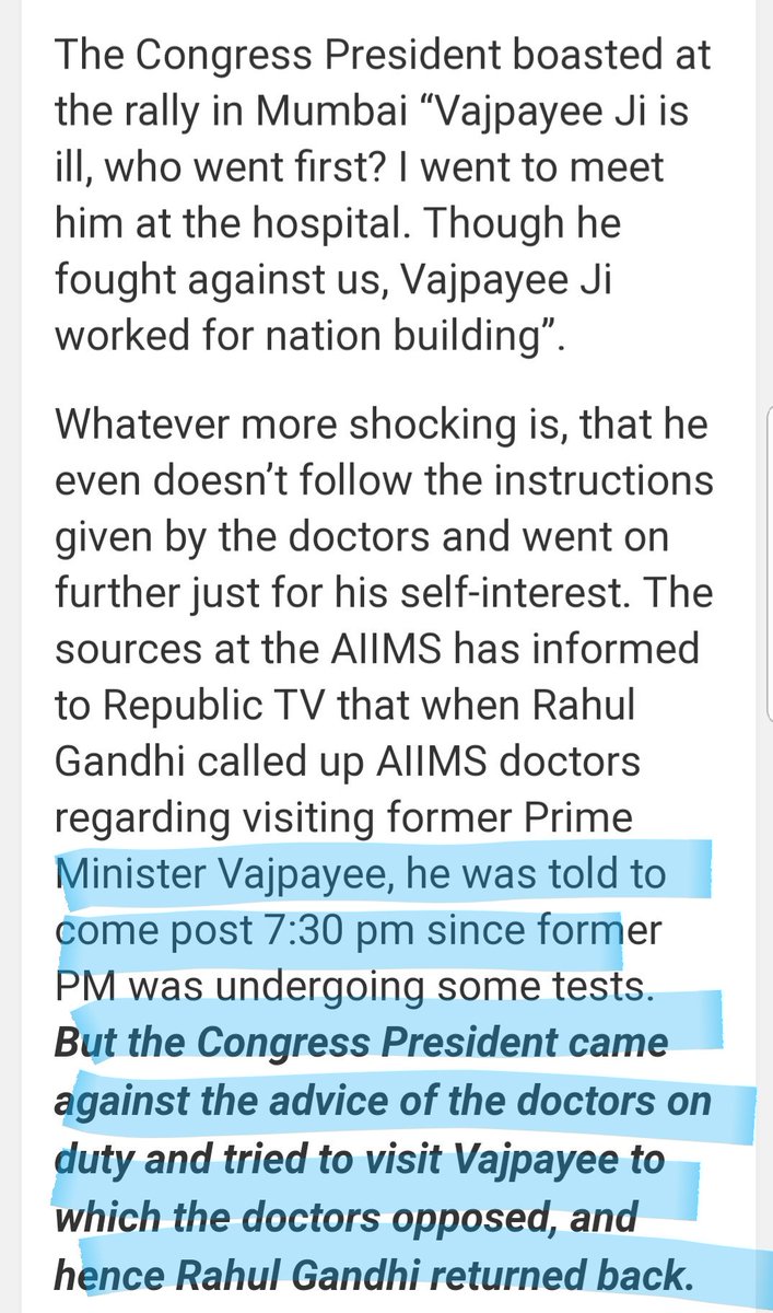 AdvShrutidesai's tweet photo. For @INCIndia everything is politics. 
Rahul was not allowed to see Vajpayee ji as tests were going on. Other Ministers followed Doctor's instructions, but you know you can't say NO to Badshah of India ! ?? 
@postcard_news 

#RahulAttacksPMVideo https://t.co/6rd7VpeQQd