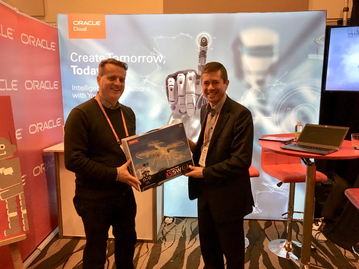 T_Martindale's tweet photo. Congratulations to another drone winner, Nick Johnson from Metroglass! Visit #Oracle at the CIO Summit to be in to win in the final draw. You can also chat with us about how having intelligent conversations with your data could help your organisation. #nzcio  #oraclenz @Gos_NZ https://t.co/dsLTt3dpja