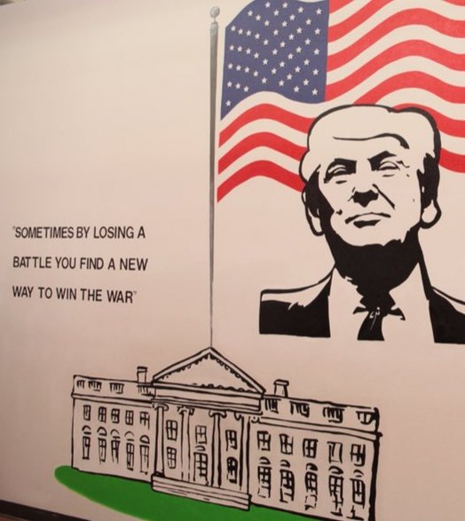 Kokomothegreat's tweet image. Mural in Casa Padre, in Brownsville, TX. One of the largest detention camps for boys age 10-17. 

This is the first mural you see walking in. 

That fucking smug look. 

*THIS.  IS.   DISGUSTING. 

#FUCKTRUMP #fucksessions #fuckice