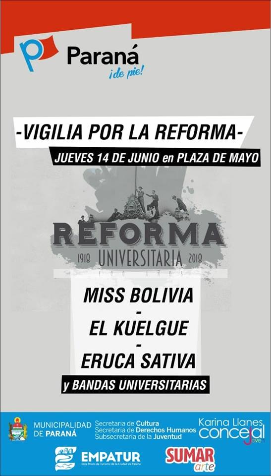CENTENARIO POR LA REFORMA UNIVERSITARIA EN PARANÁ
GRATIS. DESDE LAS 17 HS