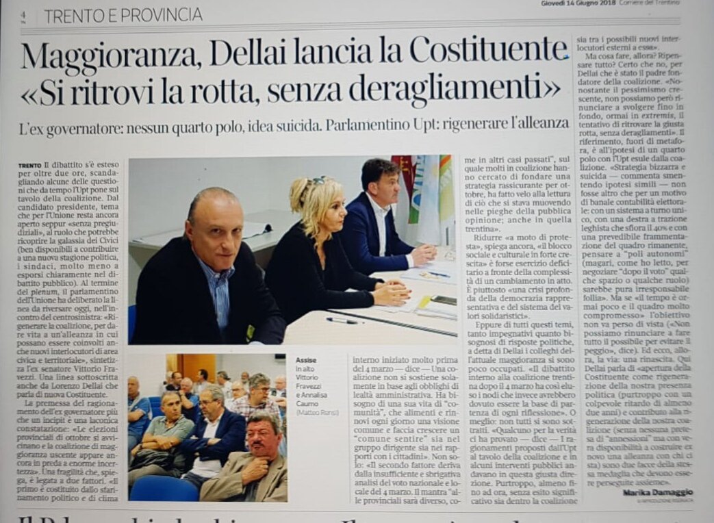 VFravezzi's tweet photo. MAGGIORANZA, DELLAI LANCIA LA COSTITUENTE
«Si ritrovi la rotta, senza deragliamenti»
L'ex governatore: nessun quarto polo, idea suicida. Parlamentino Upt: rigenerare l'alleanza
#Fravezzi #VittorioFravezzi #Provinciali @UPTrentino https://t.co/jbHeLzAsNk