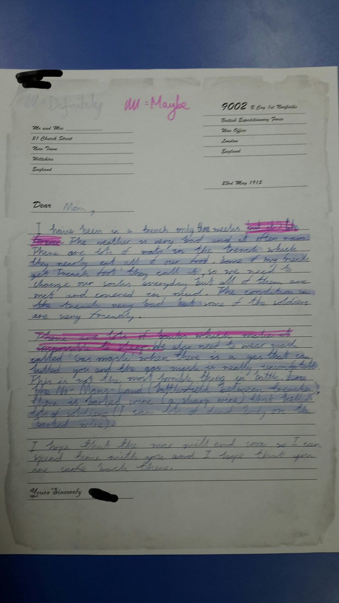 JJJHistory's tweet photo. Students finished censoring each other's letters today. There wasn't much left from some! One colour means they would definitely censor it and the other means they're not sure. https://t.co/Hf3IObwxk3