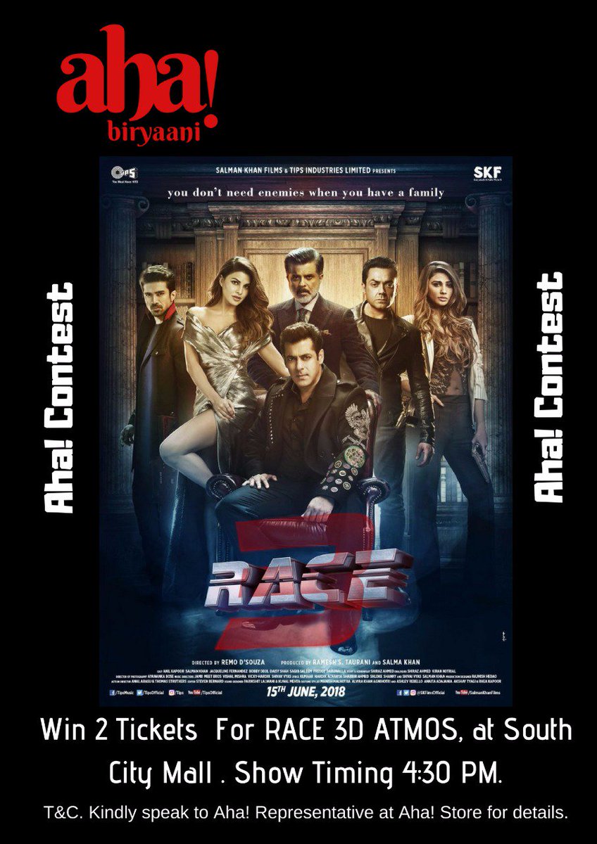 ahabiryaani's tweet image. #ContestAlert Win 2 tickets of Race 3, 3D Atmos at South City Mall, Inox, for this Sunday 4:30 PM show. Contest is now open. *T&amp;amp;C applies. All copyrights &amp;amp;  trademarks acknowledged. #Aha #EatWhatYouLove #LoveWhatYouEat