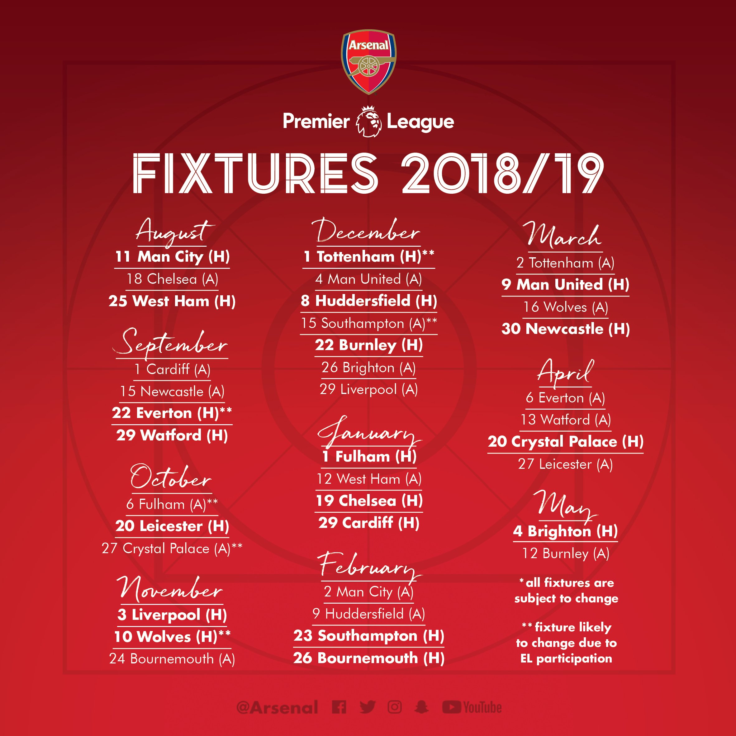 Arsenal on X: 🚨 Our full 2018/19 @premierleague fixture list 🚨 Get them  sent to your calendar 👉  / X