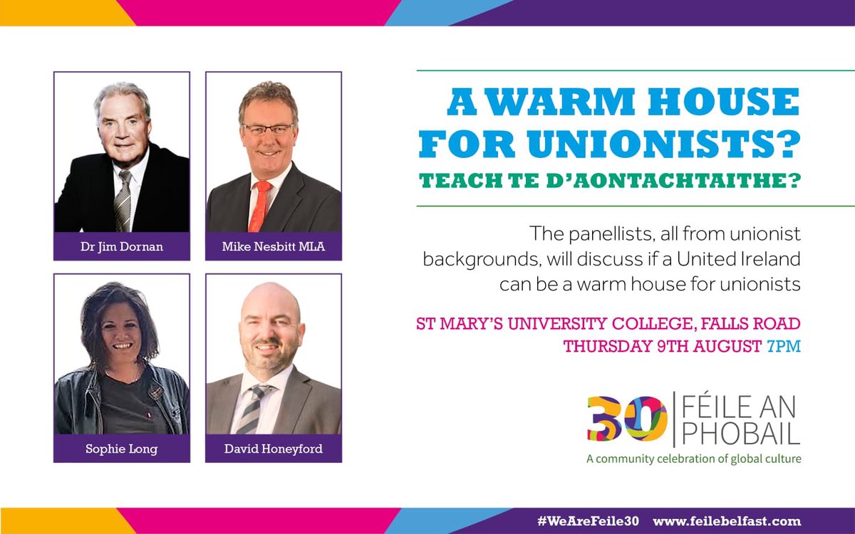 FeileBelfast's tweet photo. A WARM HOUSE FOR UNIONISTS? 
▪️Thursday 9th August 7pm
▪️St Mary’s University College
▪️The panellists, all from unionist backgrounds, will discuss if a united Ireland can be a warm house for unionists. https://t.co/WMUPe1FaEW