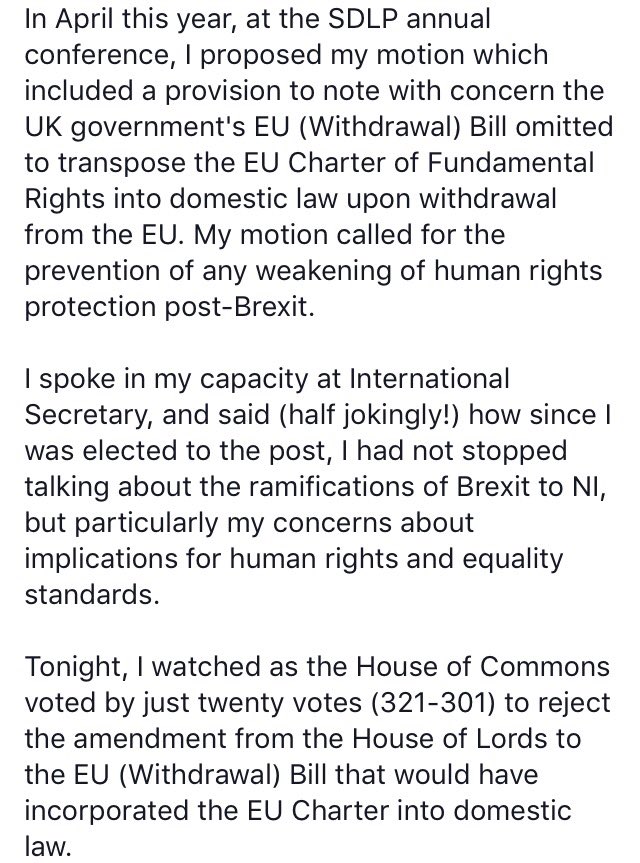 MissTwice's tweet photo. I was delighted to propose a motion at @SDLPlive #SDLP18 re preventing of any weakening of human rights protections post Brexit. I specifically referenced the EU Charter. The loss of the Charter will result in a significant reduction in human rights protections post Brexit. https://t.co/jDSIEPiDBN