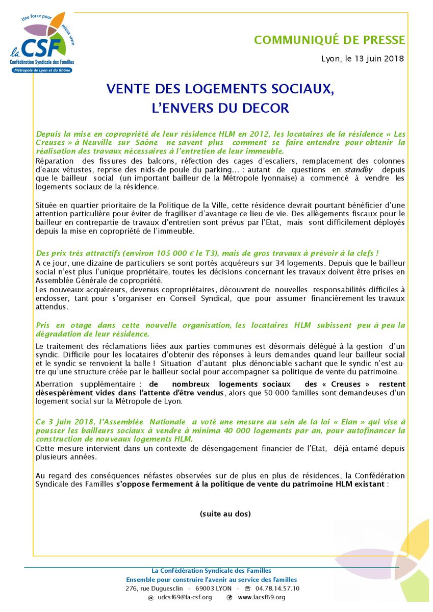 CSF_69's tweet photo. La CSF de la Métropole de Lyon et du Rhône publie un Communiqué de Presse pour alerter les pouvoirs publics sur l'envers du décor de la vente des logements sociaux aux particuliers https://t.co/SKaHSHawU8