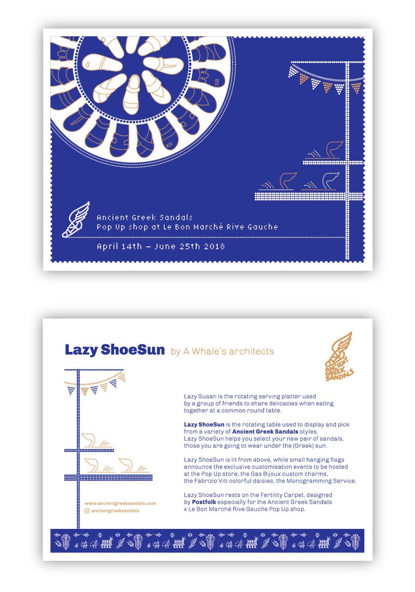 Whalearchitects's tweet photo. till the 25th of June, at Le Bon Marché Rive Gauche, in Paris Lazy ShoeSun, by A Whale´s architects for Ancient Greek Sandals Popup Store 2018. Many thanx to @AncientGreekSan , @lebonmarche, @POSTFOLK for this wonderful collaboration. (Card by Suburbia) https://t.co/1okZBxRE5z