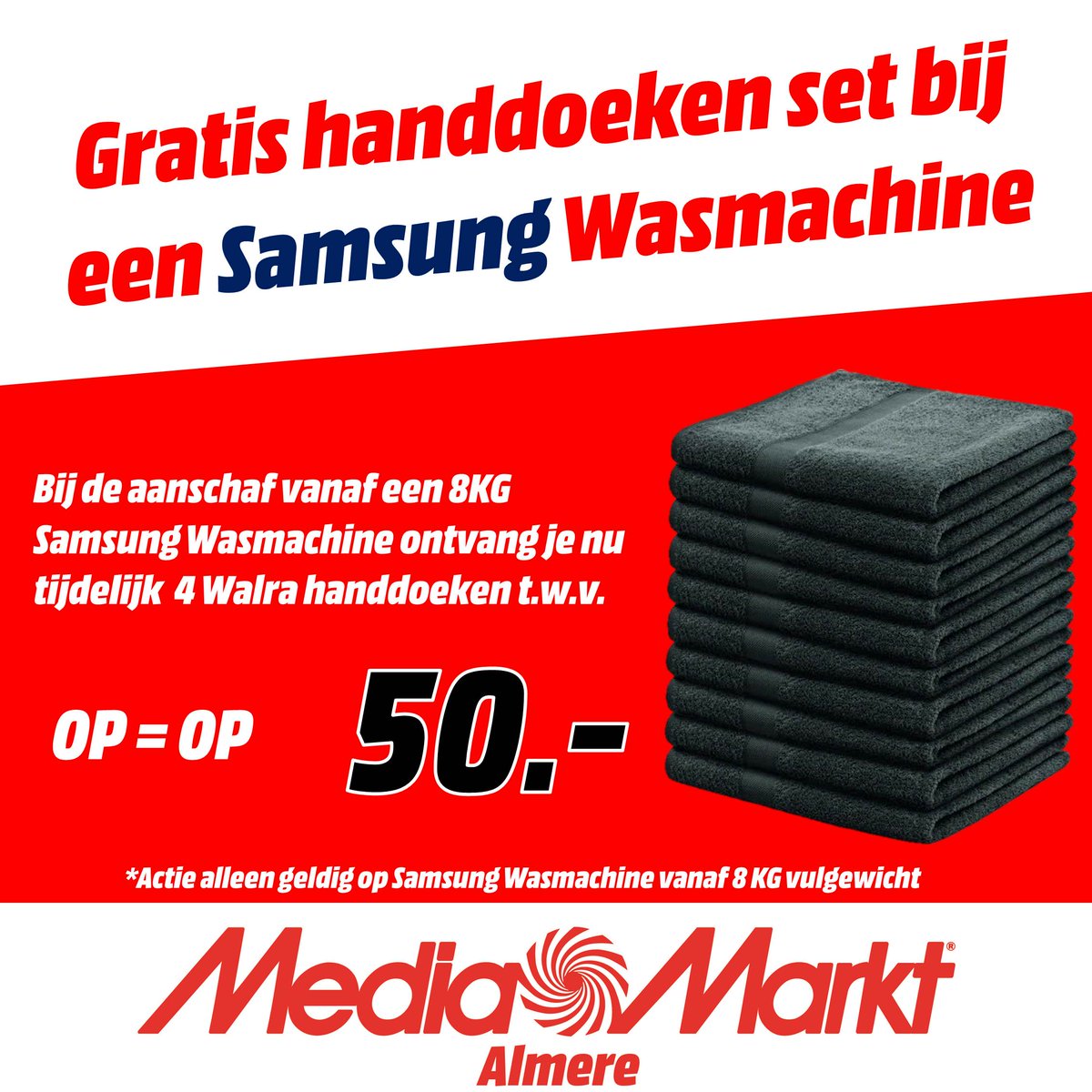 Ontvang nu een set van 4 Walra handdoeken bij de aanschaf van een Samsung Wasmachine. Exclusief bij de <a href="/MediaMarktAlmer/">MediaMarkt Almere</a> <a href="/AlmereCentrum/">Almere Centrum</a> <a href="/citymall036/">Almere citymall036</a> #dingenwaarjeblijvanwordt #almere #mediamarkt #samsung #handdoek #gratis #wasmachine