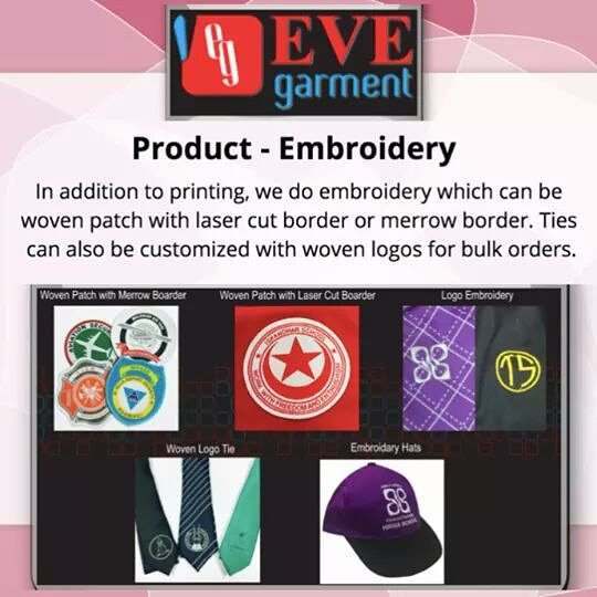 Embroidery on merchandise.

We do embroidery which can be woven patch with laser cut border or merrow border. 

Ties can also be customized with woven logos for bulk orders.

For enquiries call on 7383383

#Maldives #EVEGroup #EVEGarments #EVEMaldives #Printing #Garments
