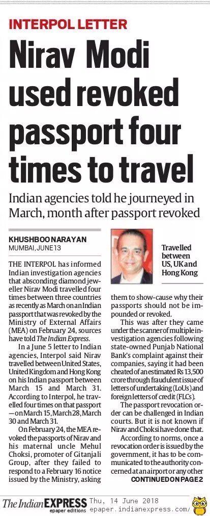 sanjaynirupam's tweet photo. Its shocking ! The guy who is widely perceived as close to PM Modi, who has looted ₹35000 cr of Indian banks and who is absconding for last 6 months,has been travelling on his revoked passport and Govt of India not able to catch him.That's how Bada Modi helped Chota Modi. https://t.co/JGDEedlRND