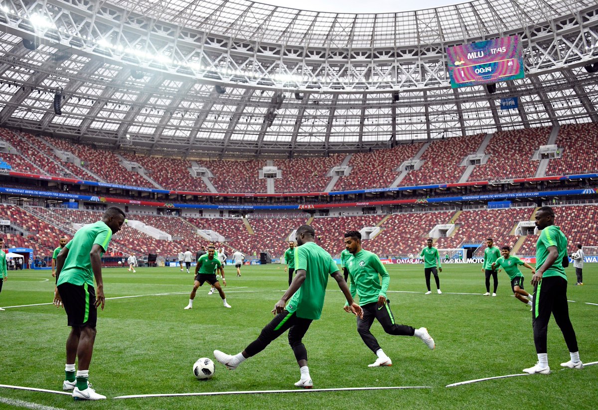 theafcdotcom's tweet photo. Saudi Arabia on their final preparations ahead of tonight's #WorldCup opener against Russia. https://t.co/y8VNyAtd9b
