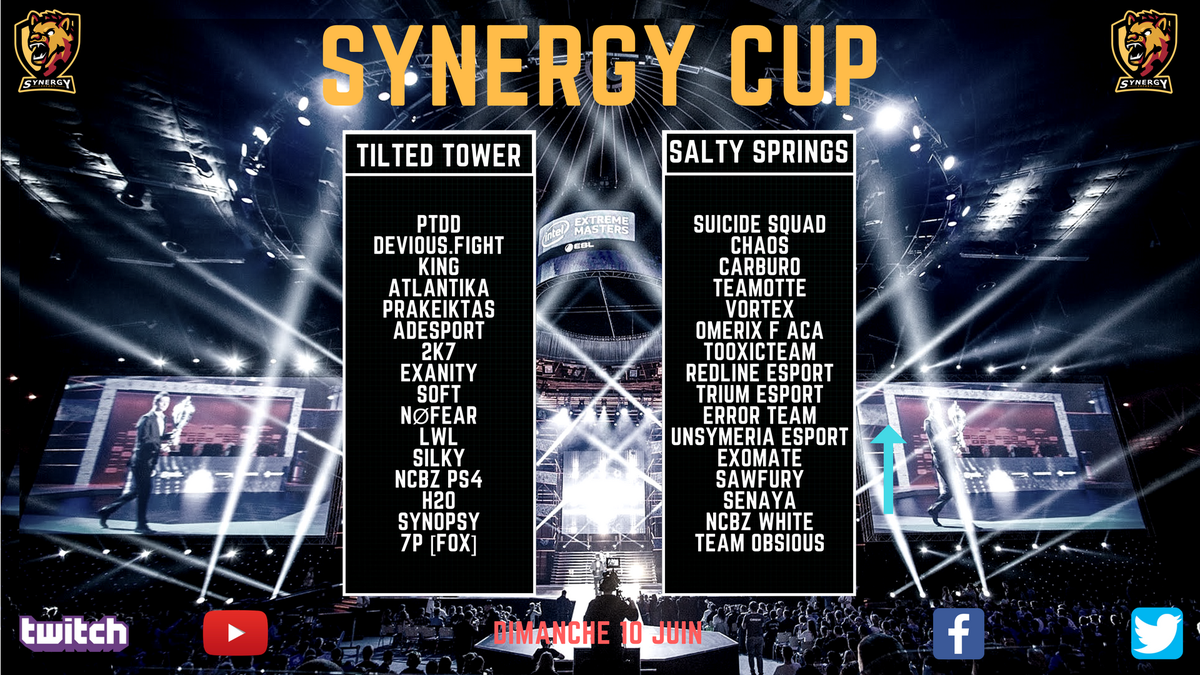 SNGEsport's tweet photo. Voici les listes des équipes sélectionnées pour la #SYNERGYCUP de dimanche ! Rdv 20h00 sur le live pour suivre les combats acharnés ! https://t.co/xeYApySzoR