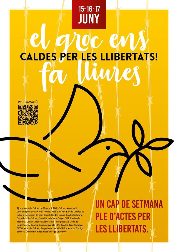 CUPcdm's tweet photo. Aquest cap de setmana Caldes lluirà de groc per la Llibertat de les Preses les exiliades! 
Us animem a participar dels actes lúdics, festius, reivindicatius i transversals. 
No ens trobareu als mítings de partits; 
Serem als espais de totes, x la llibertat i la República! 🎗🎗 https://t.co/Nmun7aPbK2