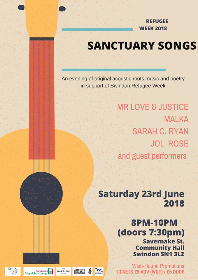 One of the #RefugeeWeek2018 events, Sanctuary Songs, is taking place at Savernake Street Social Hall. It's organised by @mrlovejustice on 23 June. Do you have your ticket yet? <a href="/SwindonCoS/">Swindon City of Sanctuary</a> @swindonharbour <a href="/OldTownSwindon/">OldTownSwindon</a>