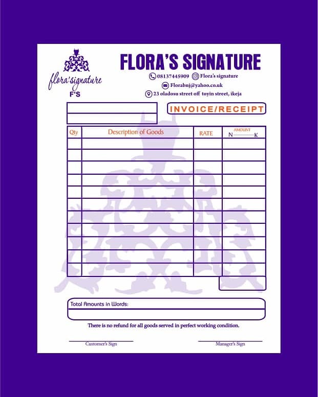printing_max's tweet photo. Invoice design and print for @florasignature Ready for delivery 
.
.
#madeinnigeria #handmade #readytowear #fashionideals #wovenlabel #packaging #boxmaking #printersinnigeria #printersinlagos #notepads #jotters #businesscard #logodesign #luxurydesigns #lauraikeji #nigerianbeauty https://t.co/rbkWOSCTh1