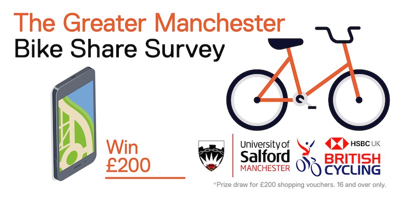 SHUSU_Research's tweet photo. Just launched our new survey on bike share in Greater Manchester. Take part, whether you use bike share or not. Help us understand who is using it and why. Just 10 mins and you could win £200 
https://t.co/HyM6NwkwO9 https://t.co/kmGPCfymMq