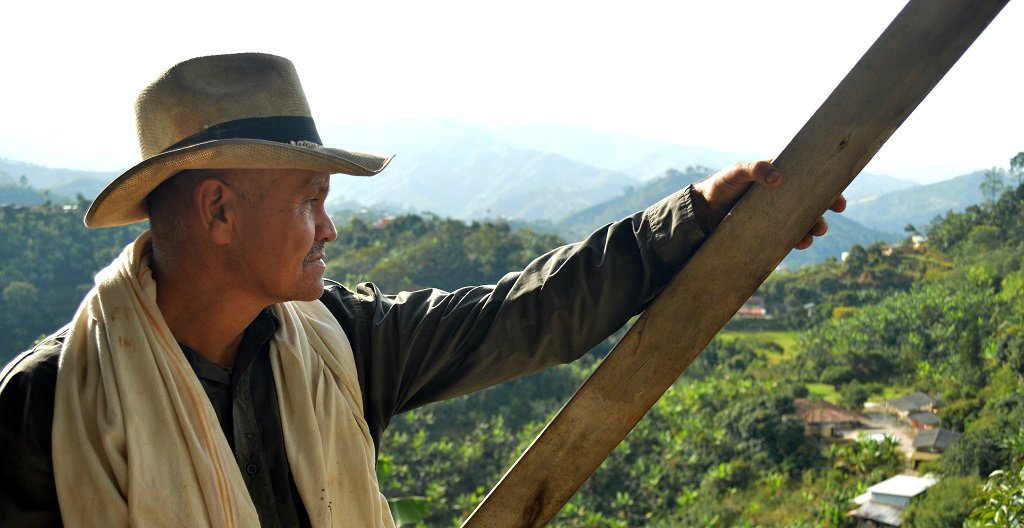Image: Profile shot of a Latin American male coffee farmer gazing into the distance with mountains in the background