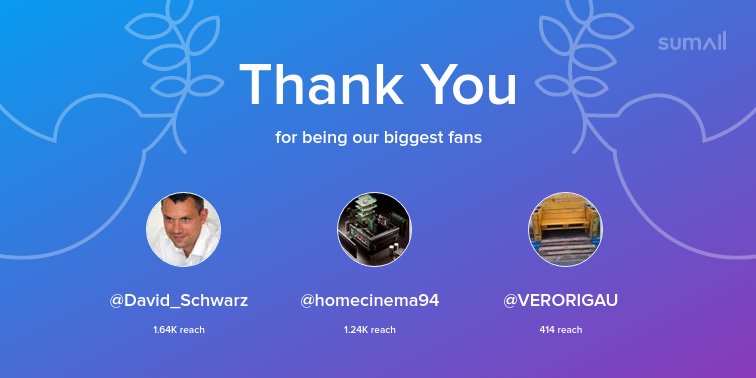 Our biggest fans this week: <a href="/David_Schwarz/">David Schwarz 🇪🇺🇨🇵💙💛</a>, <a href="/homecinema94/">Bruno 🎬</a>, <a href="/VERORIGAU/">VERO., RIG...</a>. Thank you! via sumall.com/thankyou?utm_s…