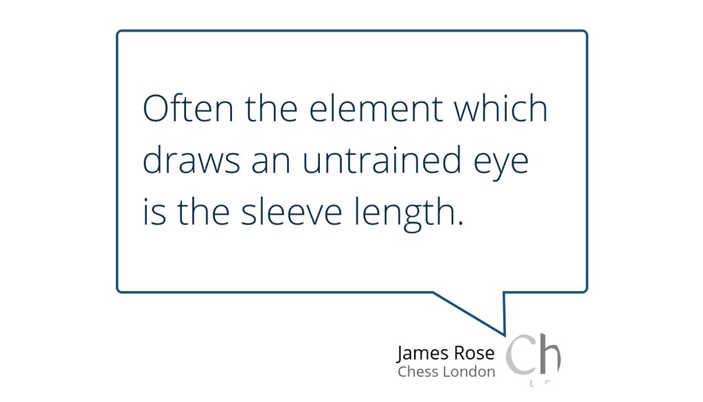 "The sleeve length should show 1/2 to 3/4 of an inch of shirt sleeve and be tapered enough so it does not bellow around the shirt cuff - consider what sort of cuffed shirt you will be wearing as a double cuff requires a wider opening than a single." goo.gl/Bp1Mqn