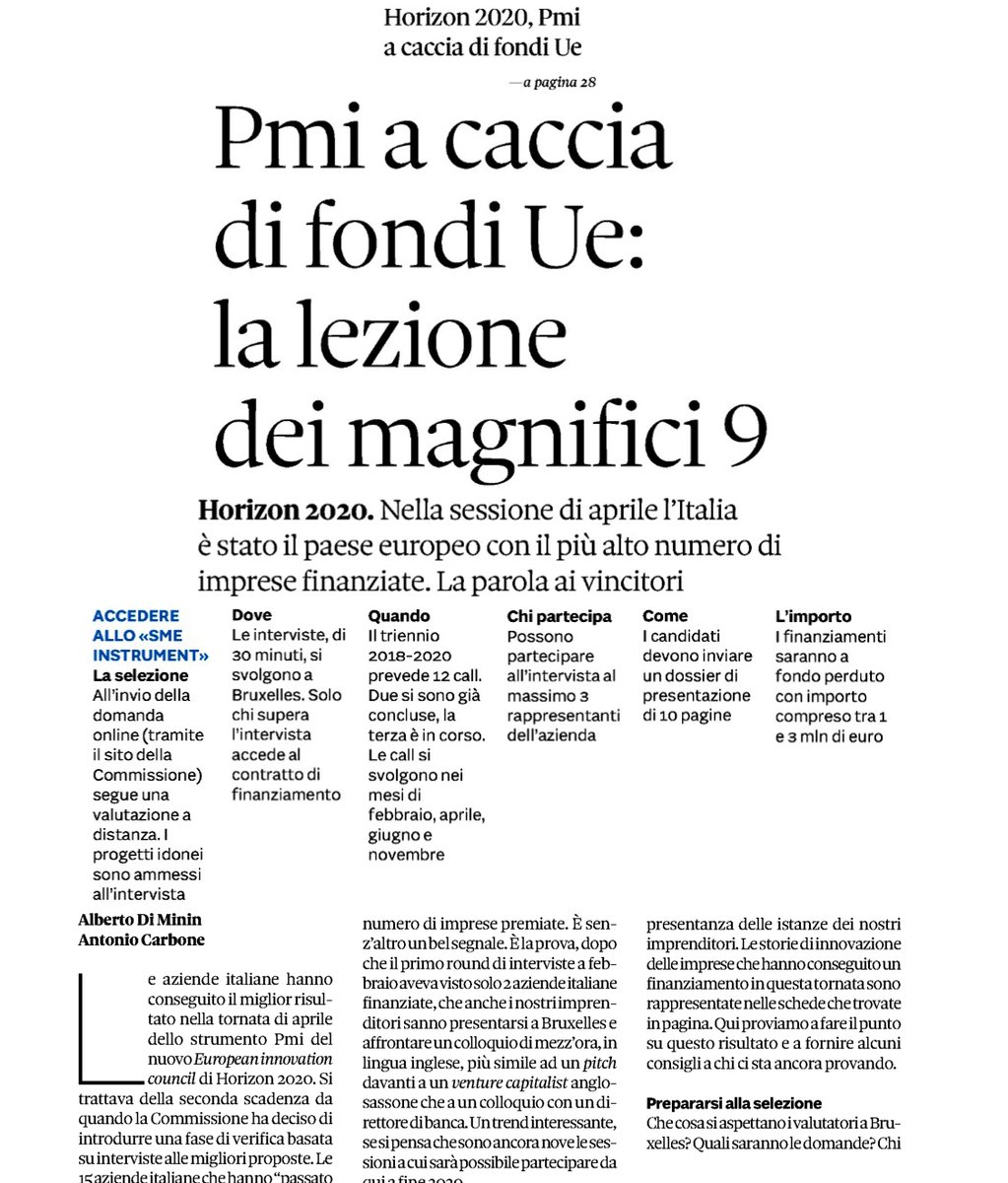 infocamere's tweet photo. Su @sole24ore '#Horizon2020 , #PMI a caccia di fondi #UE : la lezione dei magnifici 9' @adiminin @cellply @MinSviluppo @MiurSocial #VentureCapital #disruption #innovazione @EU_H2020 @EU_Commission @ItalyinEU @assobiomedica @AdottUp @TEHAmbrosetti https://t.co/VLrL6tckxg