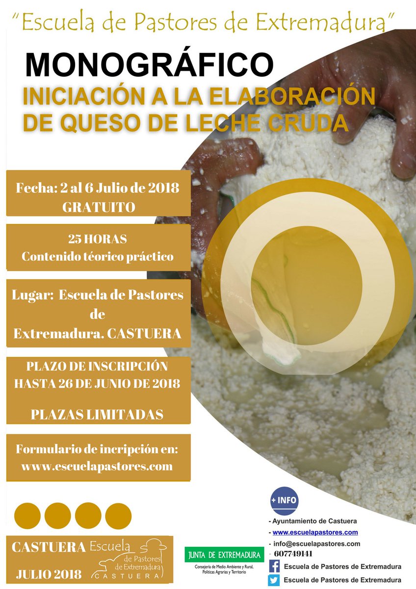 ¿QUIERES APRENDER HACER TU QUESO? ¡¡Esta es tu oportunidad!!
Desde la Escuela de Pastores de Extremadura os presentamos el concurso monográfico: INICIACIÓN A LA ELABORACIÓN DE QUESO DE LECHE CRUDA

Puedes inscribirte hasta el 26 de Junio
¡¡INSCRIBETE!! escuelapastores.com/monografico-in…