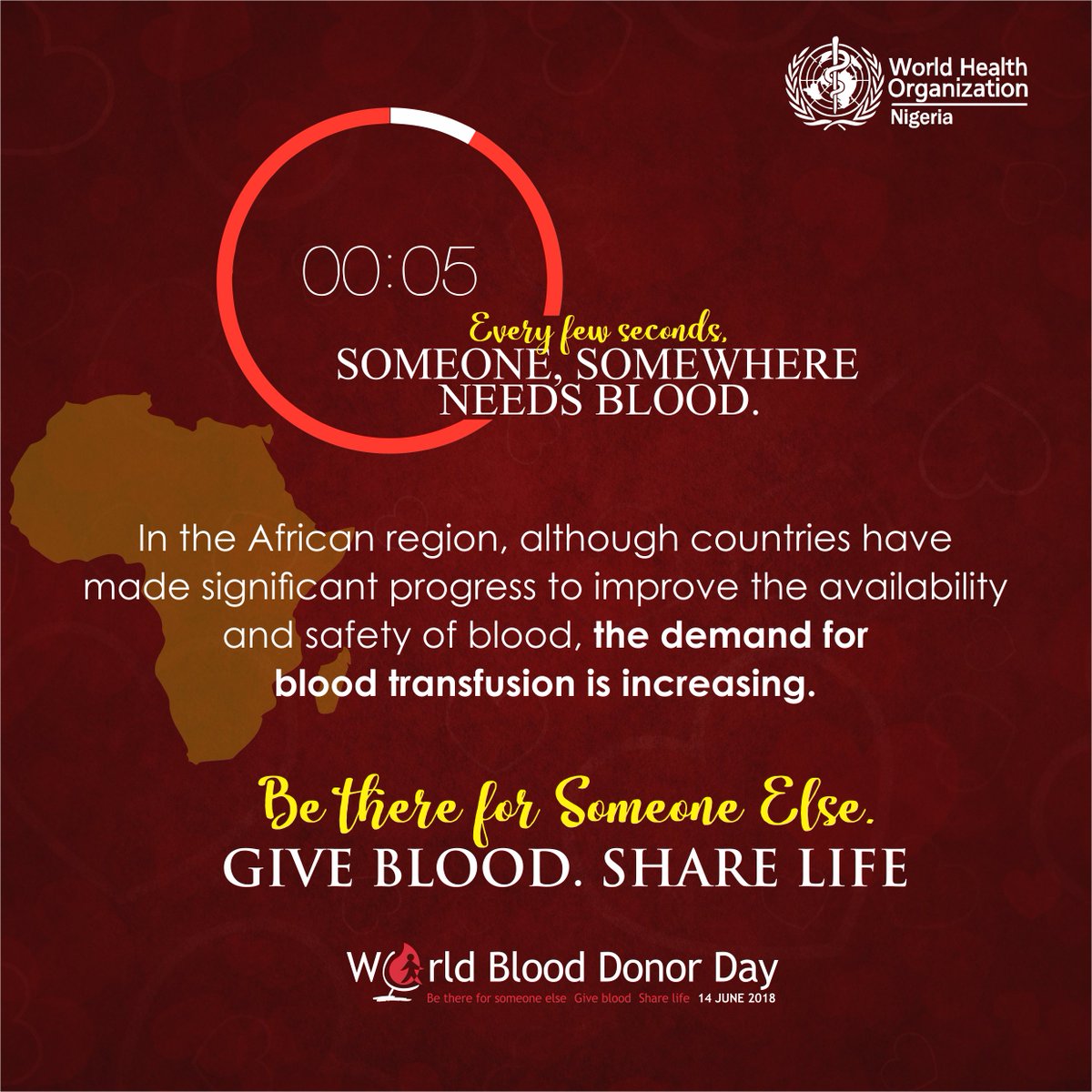 In the African region, although countries have made significant progress to improve the availability and safety of blood, the demand for blood transfusion is increasing.
#GiveBlood
#WorldBloodDonorDay 
#blooddonors 
Share Life
bit.ly/2sTRfNd
