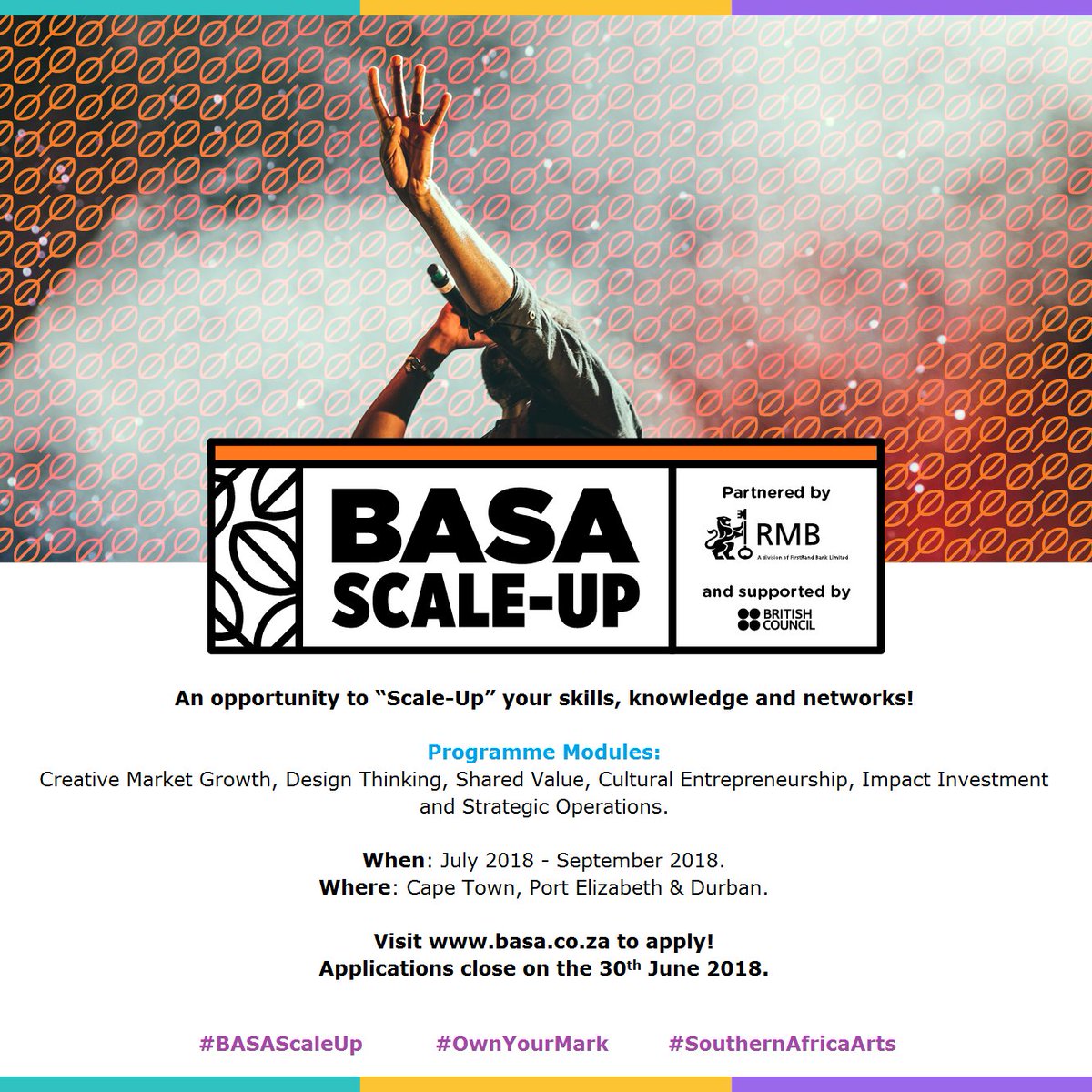 INVITING all creative individuals and arts organisations from PE, DBN and CPT to apply!
#BASAScaleUp
#OwnYourMark
#SouthernAfricaArts