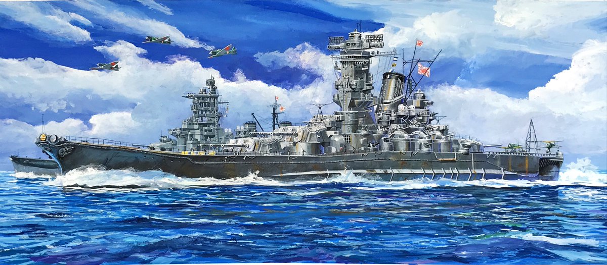 フジミ模型 公式 Pa Twitter パッケージイラスト原画より 艦nextシリーズ 戦艦大和 捷一号作戦 に使用 比島進撃中イメージ 向こうは 戦艦榛名 史実とは異なるアレンジをしています パラワン水道 対空陣形では榛名はこの位置にいません 上空援護も そこは