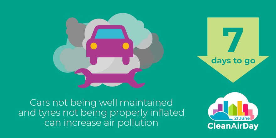 cleanairdayuk's tweet photo. 1 WEEK TO GO! #CleanAirDay We're excited, are you?  

Did you know that cars not being will maintained and tyres not being properly inflated can increase #airpollution. 🛠️ https://t.co/aWmqAtkMM5