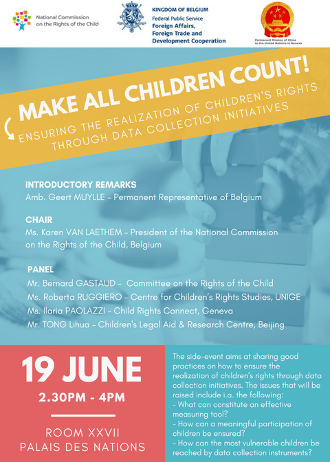 Make all children count! ➡️How can data collection contribute to the full realization of children's rights? 🤔

📌Side-event organized by #Belgium and co-sponsored by #China in the margins of the #HRC38
📌Tuesday 19 June from 2.30PM to 4PM
📌Room 27, Palais des Nations