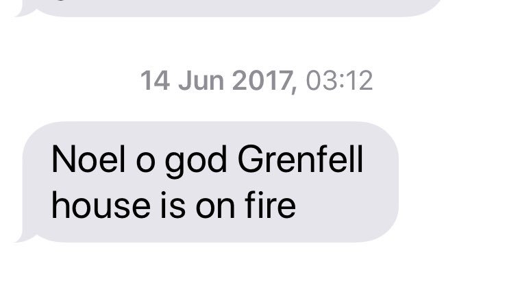 NoelClarke's tweet photo. 1 yr today #GrenfellTower For me it started with this text from mum who lives 50 yds away. It ended up being a day where people I knew survived n others didnโt. My other mate was the 1st fireman in. n here we are remembering n still no answers #GreenForGrenfell #JusticeForJessie https://t.co/nrq6VahSzr