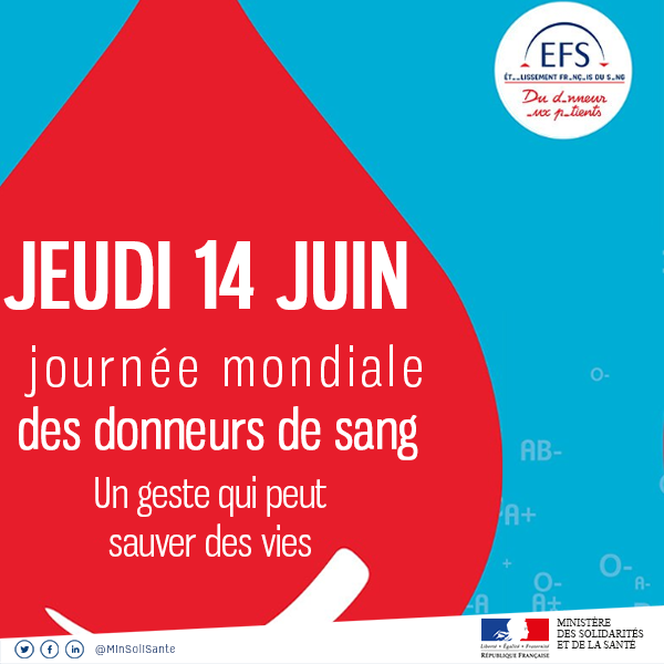 Sante_Gouv's tweet photo. 📅Aujourd'hui, c'est la journée mondiale du don du sang (#JMDS).

👤 Pouvez vous donner votre sang ? https://t.co/yzIMopO5bq
🗺 Trouvez un centre de collecte à côté de chez vous sur : https://t.co/iEhLdJ6Hb6 https://t.co/x7y9z8VCQN