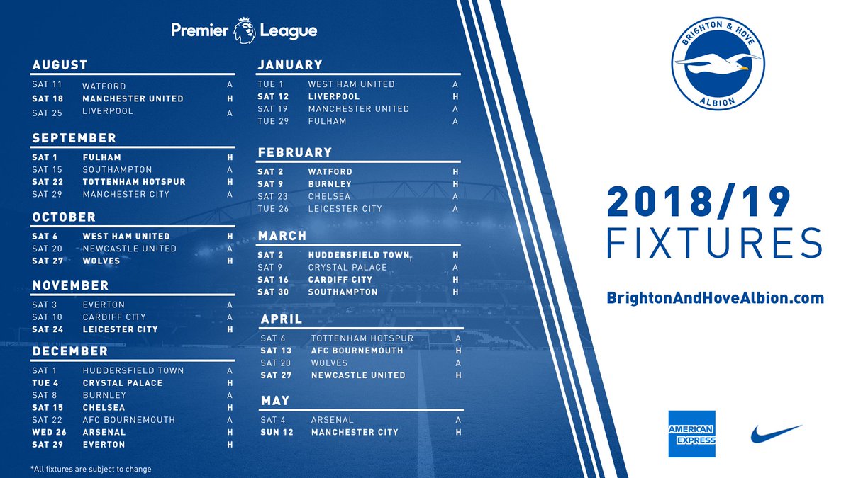BHAFC's tweet photo. 🗓 BREAKING: Albion will open their 2018/19 @premierleague campaign against @WatfordFC at Vicarage Road.

#FixtureReleaseDay 

#BHAFC 🔵⚪️ https://t.co/FgNOYuNu3G
