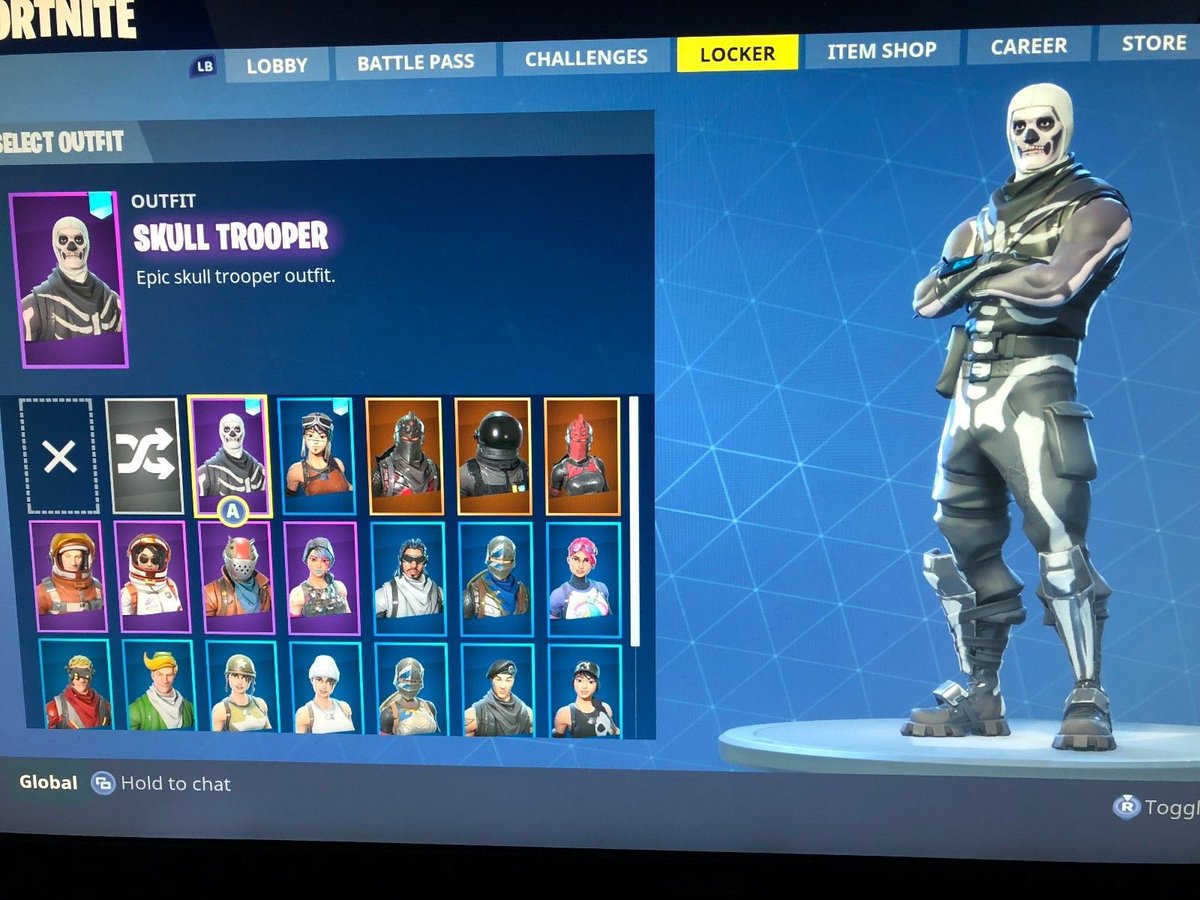 skull_legit's tweet photo. hey everyone, check out my twitter for a good trade. Photo was a while ago since no one has replied and traded but good stacked account looking to trade for skull and ghoul trooper with scythe, not going first and must be on PC or Xbox. DM if interested.

#skulltrooper https://t.co/sKhLIiPNPP