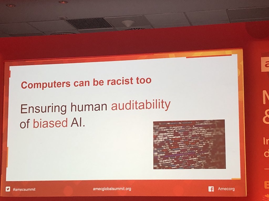 KikiMoreo's tweet photo. “Computers CAN be racist” @jakerockland of @SomaticLabs points out the importance of human auditability and careful about giving tech and #AI false authority  #AMECSummit https://t.co/zxLE2JlQCu